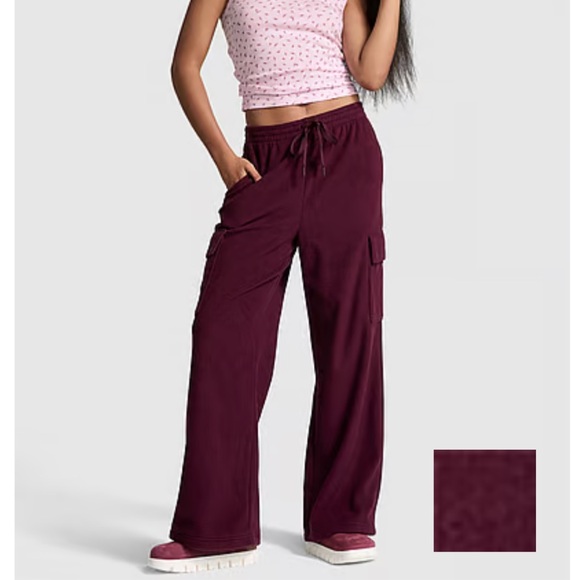 🆕 VS PINK Wide Leg Fleece Cargo Pants Wild Rose - Small- Sold Out Online - Picture 1 of 2